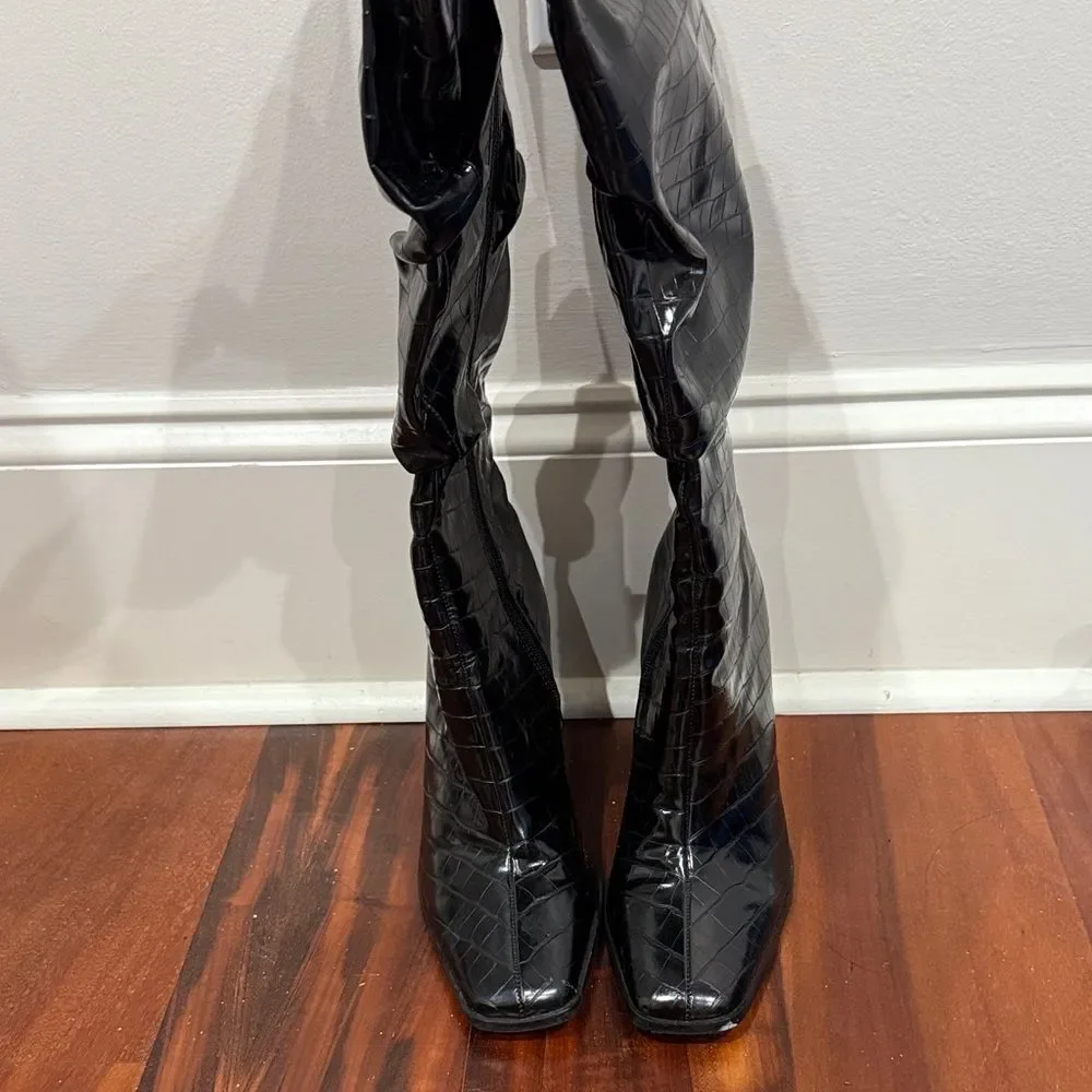 Pretty Little Thing Croc Embossed Long Ruched Boots  Size 9